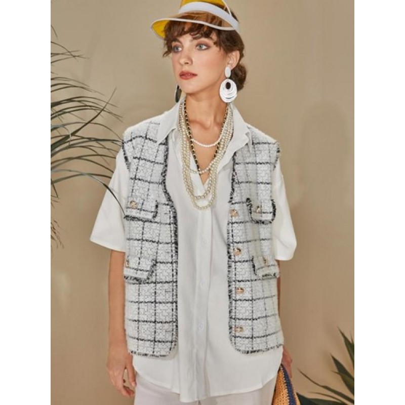Plaid Frayed Flap Detail Vest Cardigan