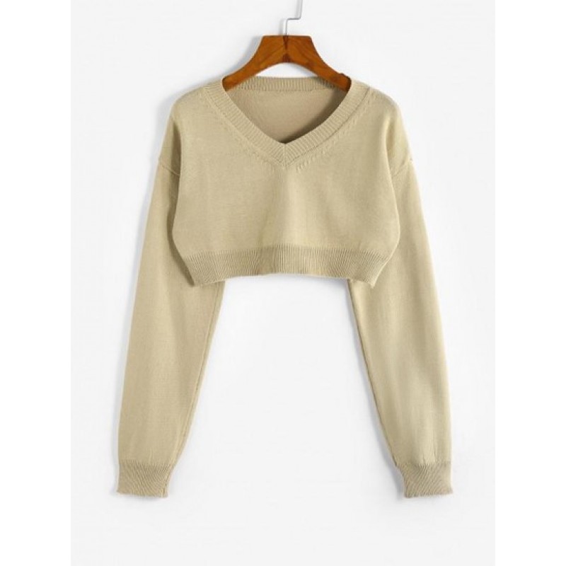 Solid V Neck Cropped Sweater