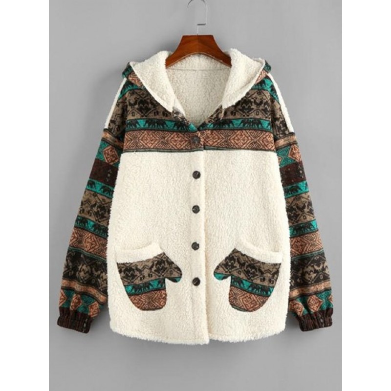 Hooded Tribal Faux Shearling Insert Pocket Jacket
