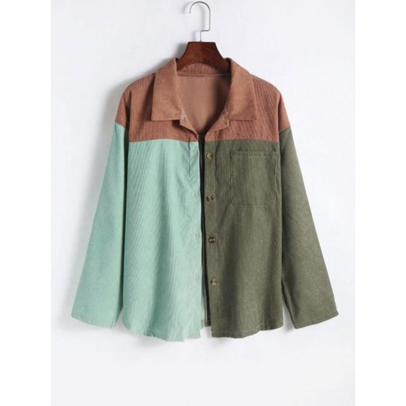 Patchwork Button Up Corduroy Blouse