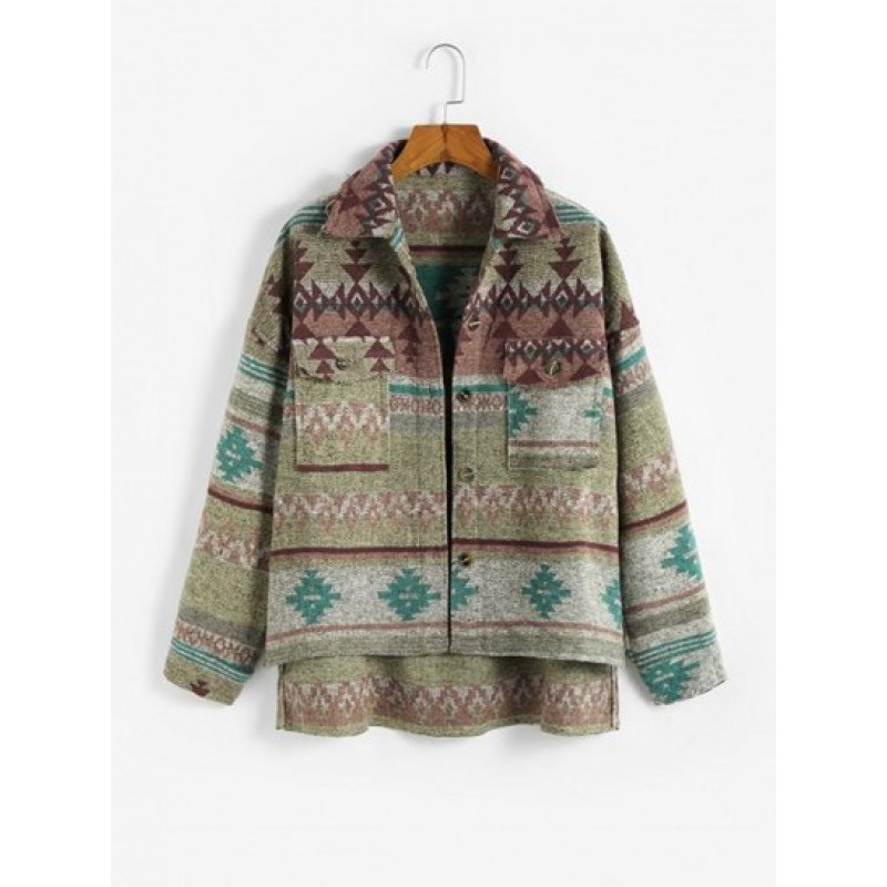 Ethnic Aztec Print Cargo Pockets High Low Jacket