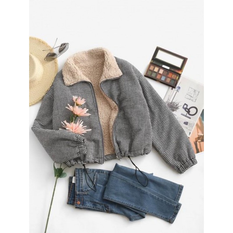 Zip Up Fleece Lined Plaid Houndstooth Jacket